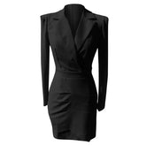 Asymmetric Draped Satin Panel Side Button Tailored Blazer - Black